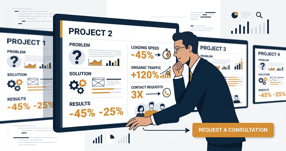Illustrazione di come costruire un portfolio web agency che porta clienti nel 2026: casi studio strutturati con problema, soluzione e risultati misurabili, pertinenza settoriale e testimonianze specifiche come strumenti commerciali invece di semplici gallerie visive
