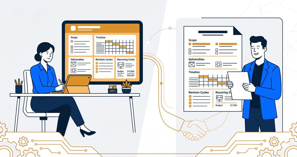 Illustrazione della guida per agenzie su come strutturare un preventivo sito web professionale nel 2026: voci da includere, costi ricorrenti da comunicare al cliente, cicli di revisione definiti e gestione dello scope creep per evitare contestazioni post-consegna
