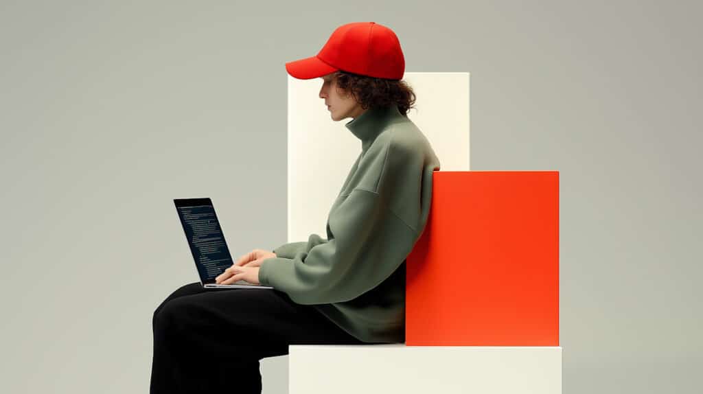 Person on geometric structure with laptop
