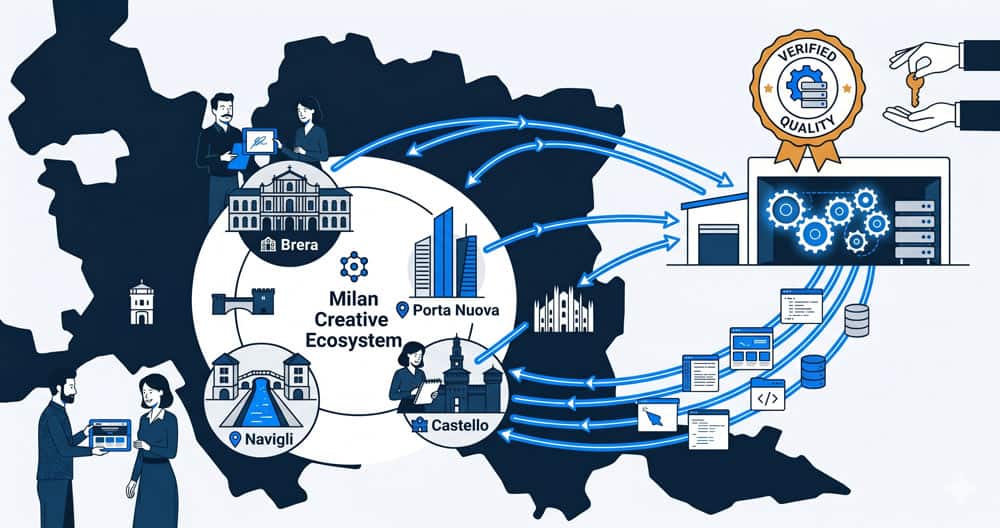 Illustrazione del mercato delle web agency a Milano nel 2026: agenzie di comunicazione, studi di grafica e consulenti digitali milanesi che scelgono Blurr come partner tecnico per lo sviluppo siti in white label, con qualità verificata, tempi certi e NDA strutturato