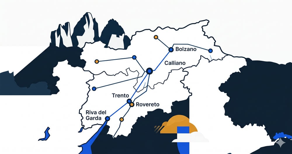 Illustrazione di Blurr come partner tecnico delle agenzie di comunicazione in Trentino Alto Adige nel 2026: sviluppo siti bilingui italiano-tedesco, conoscenza diretta del mercato locale incluso il turismo alpino, e opportunità del Bando Sviluppo Online 2026 della Camera di Commercio di Trento.