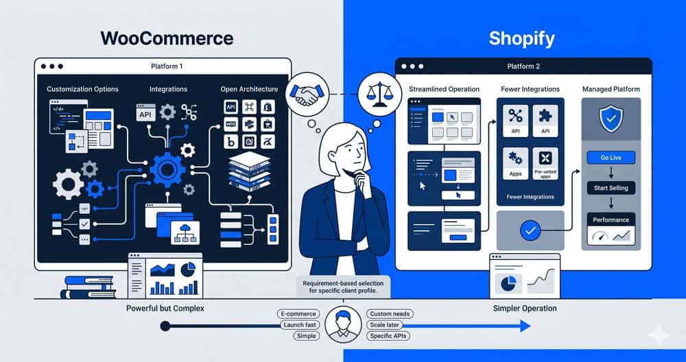 Confronto WooCommerce vs Shopify per agenzie web nel 2026: analisi dei costi totali su tre anni, integrazioni con gestionali italiani, proprietà dei dati e flessibilità di personalizzazione per aiutare le agenzie a consigliare la piattaforma giusta ai propri clienti ecommerce